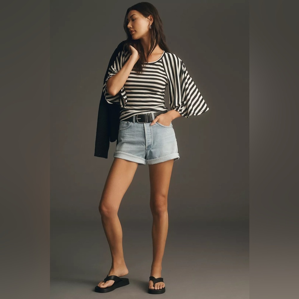 Maeve Anthropologie Bell Sleeve Tee Black White Stripe EUC Size M